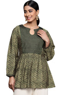 Libas Womens Printed Silk Blend A-Line Kurti For Women Green