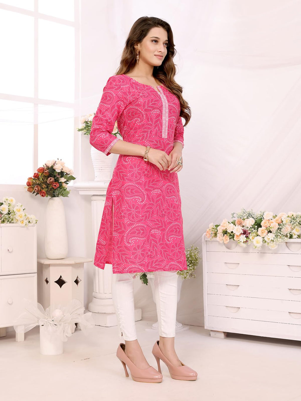 Rangita Pink Cotton Calf Length Printed Straight Kurti | Kurta For Women