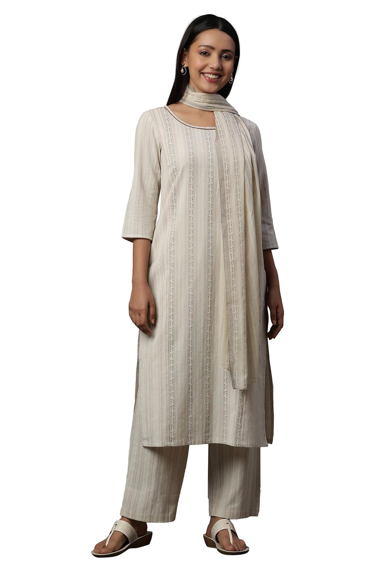 Aurelia Women Rayon Striped Kurta Set (24Feas15011_Off White, 2Xl