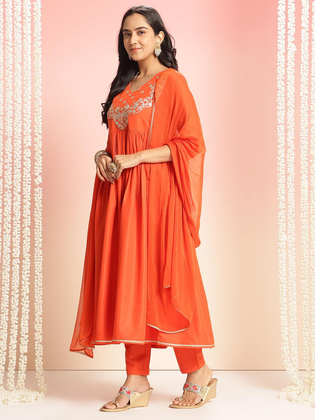 ANNI DESIGNER Womens Rayon Blend Embroidered Anarkali Kurta with Pant & Dupatta (Sharvali Orange_L_Orange_Large)