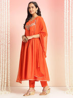 ANNI DESIGNER Womens Rayon Blend Embroidered Anarkali Kurta with Pant & Dupatta (Sharvali Orange_L_Orange_Large)