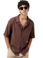 Bewakoof Mens Textured Oversized Fit Half Sleeve Resort Collar Jacquard Shirt_684266_Brown_XL