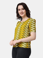POPWINGS Casual Printed Puff Sleeves Round Neck Top for Women || Stylish Latest Summer Tops for Women || Hip-Length Women Top Ye