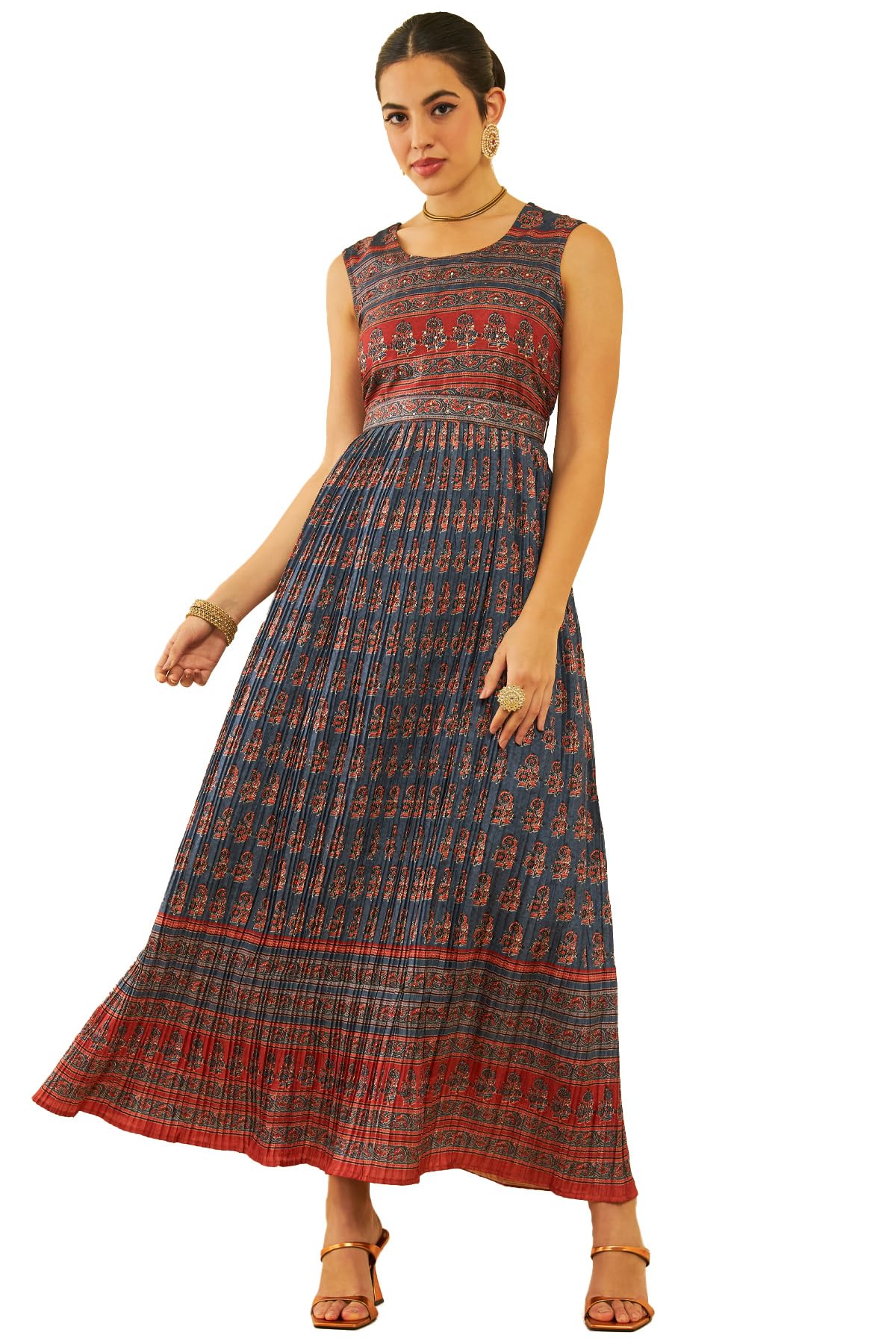 Soch Women Art Silk Floral Printed Pleated Dress with Sequins
