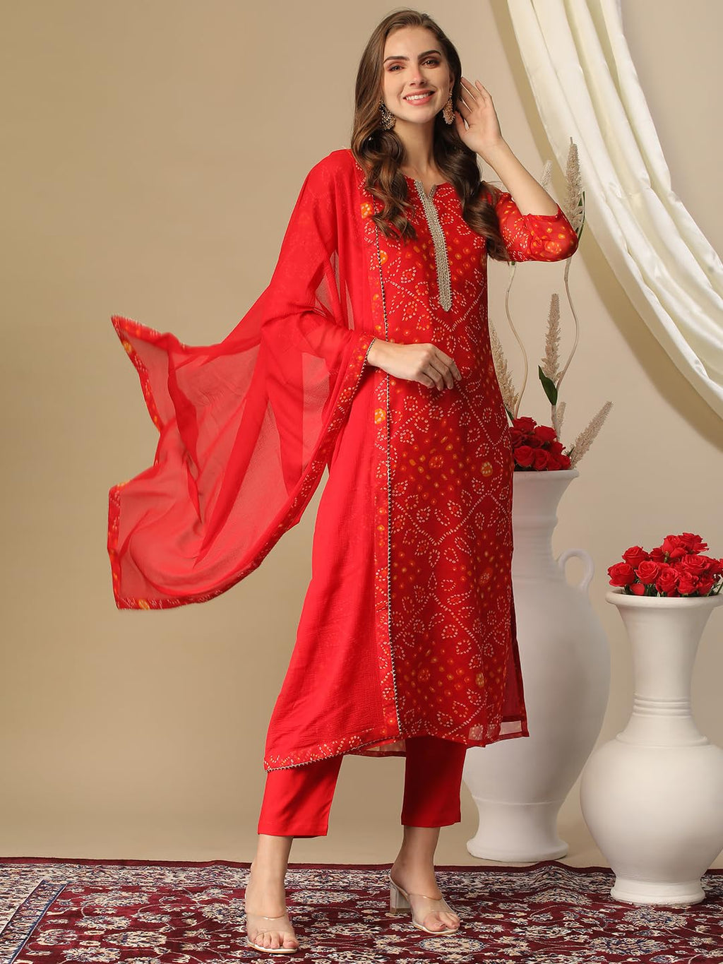 ANNI DESIGNER Ladies Cotton Blend Kurta with Trousers and Dupatta, red, XXL