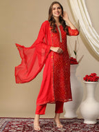 ANNI DESIGNER Ladies Cotton Blend Kurta with Trousers and Dupatta, red, XXL