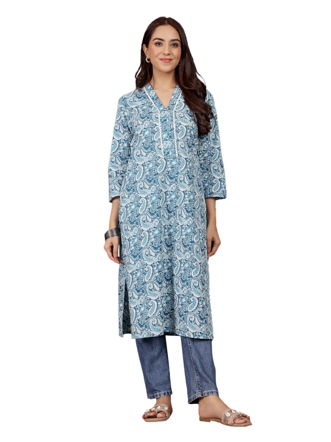 Varanga Women Floral Printed V Neck Kurta Blue