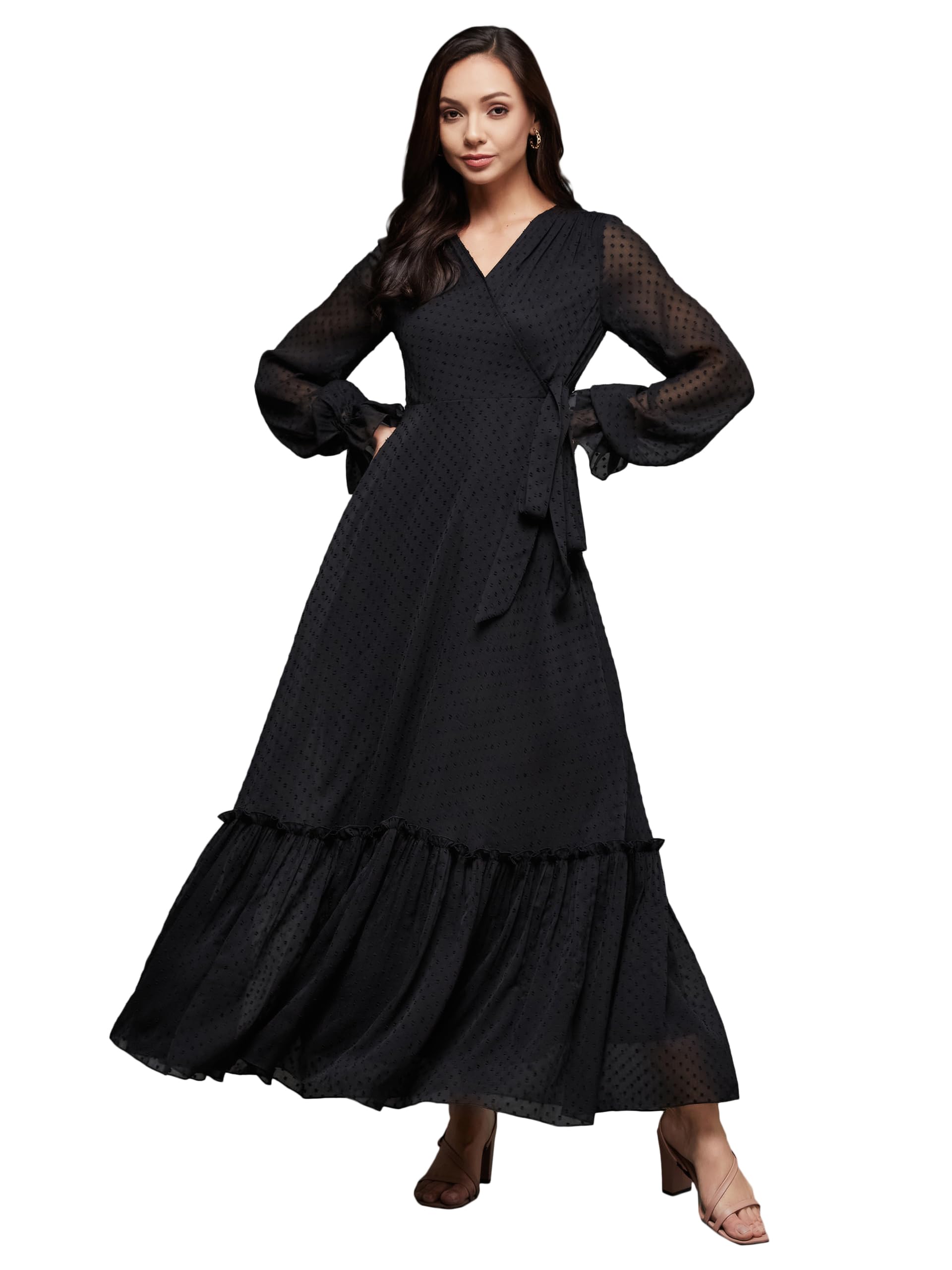Miss Chase WomenS Self Design V-Neck Bishop Sleeves Chiffon Wrap Maxi Dress With Pockets (Mcss23D16-36-62-04, Black, M)