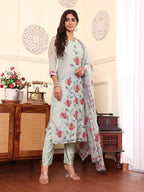 Varanga Women Aqua Blue Thread Embroidered Straight Kurta Set With Printed Dupatta