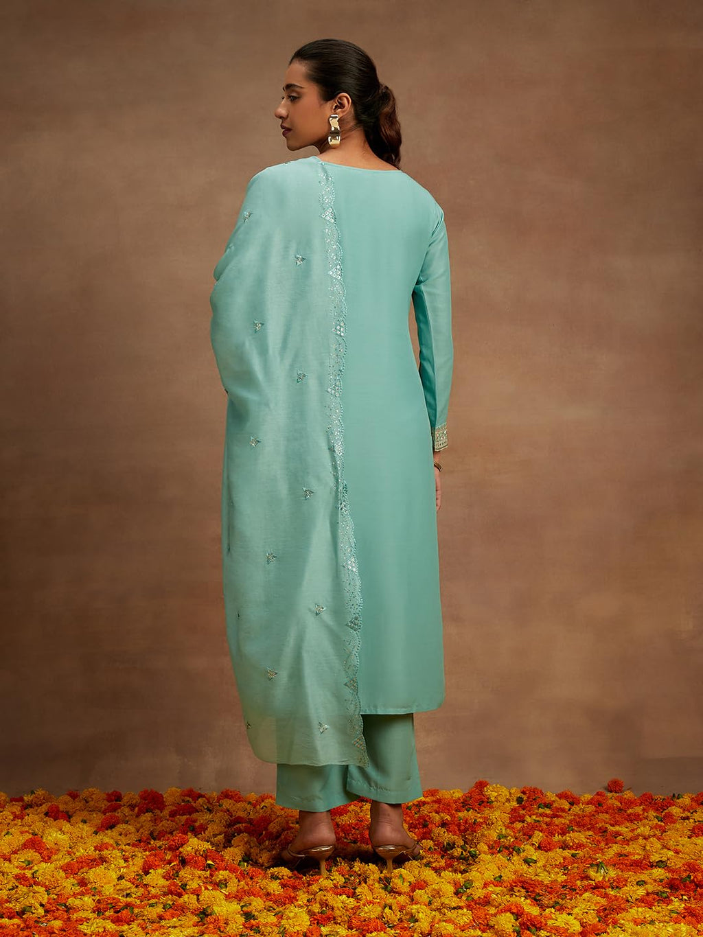 Libas Womens Embroidered Silk Straight Kurta With Trousers And Dupatta