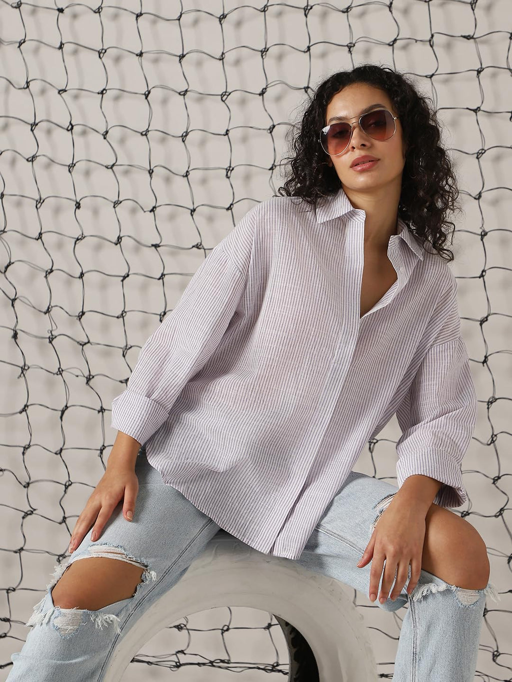 Hubberholme Women Striped Longline Length Oversized Long Sleeve Shirt