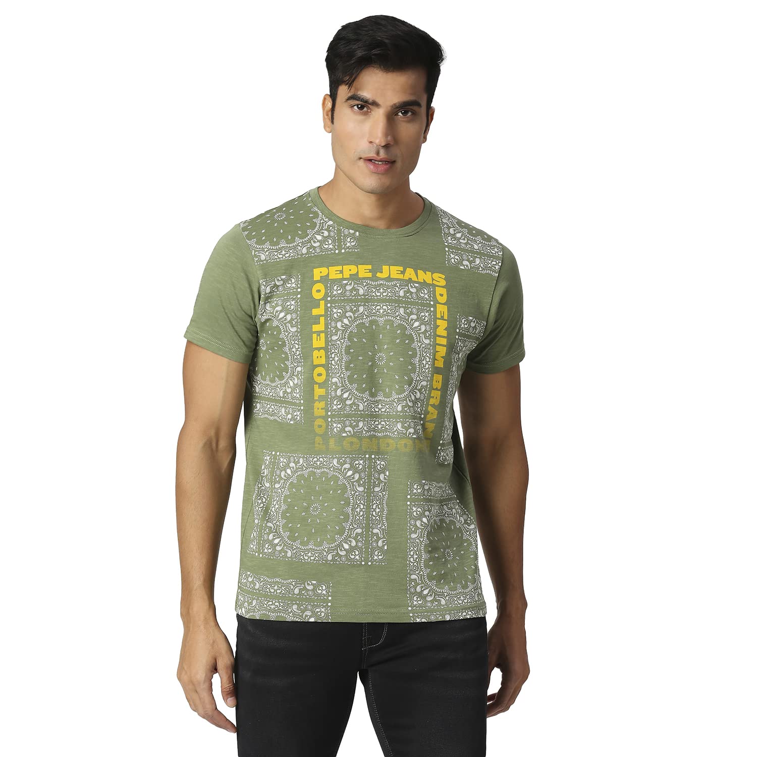 Pepe MenS Round Neck Printed Slim Fit T-Shirt Olive Green