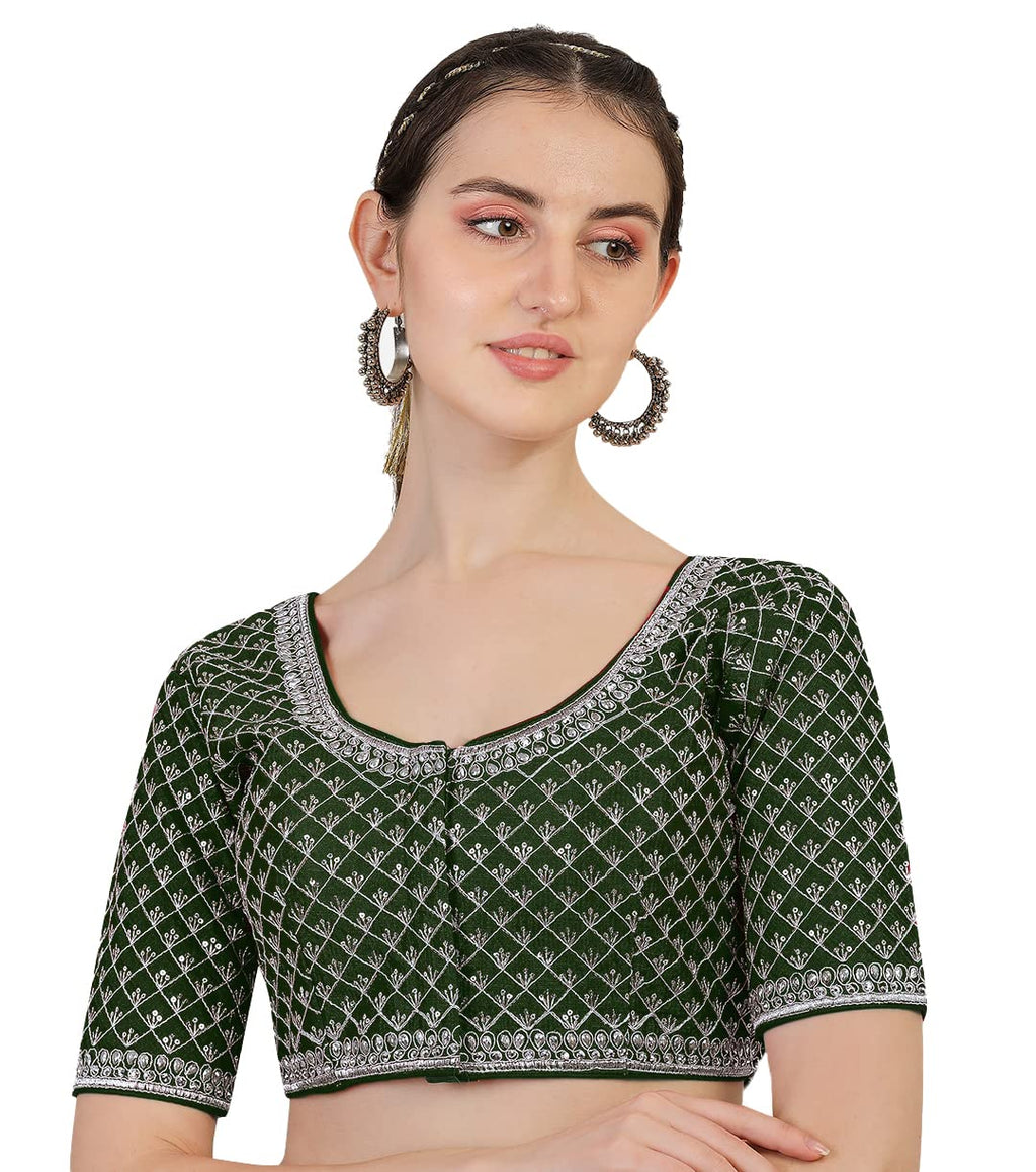 Pujia Mills Womens Heavy Silver Jari Thread Readymade Blouse for Saree Lehenga (Dark Green, 38)