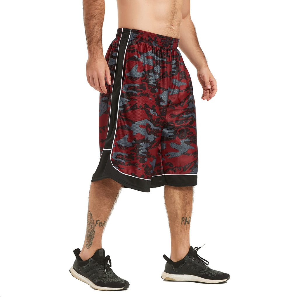 HQUEC Men's 12 Long Basketball Shorts Athletic Workout Gym Camo Shorts Below Knee Loose-Fit with Pockets Red XL