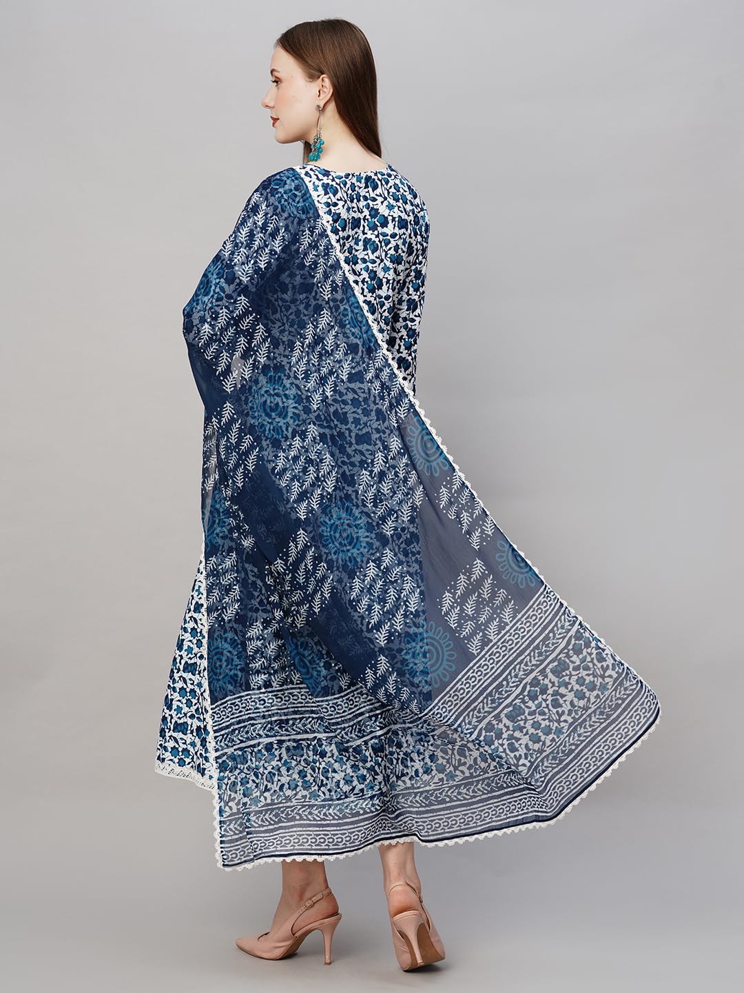 ANNI DESIGNER Ladies Cotton Blend Dupatta Kurta Trousers, Light Brown::Blue, L