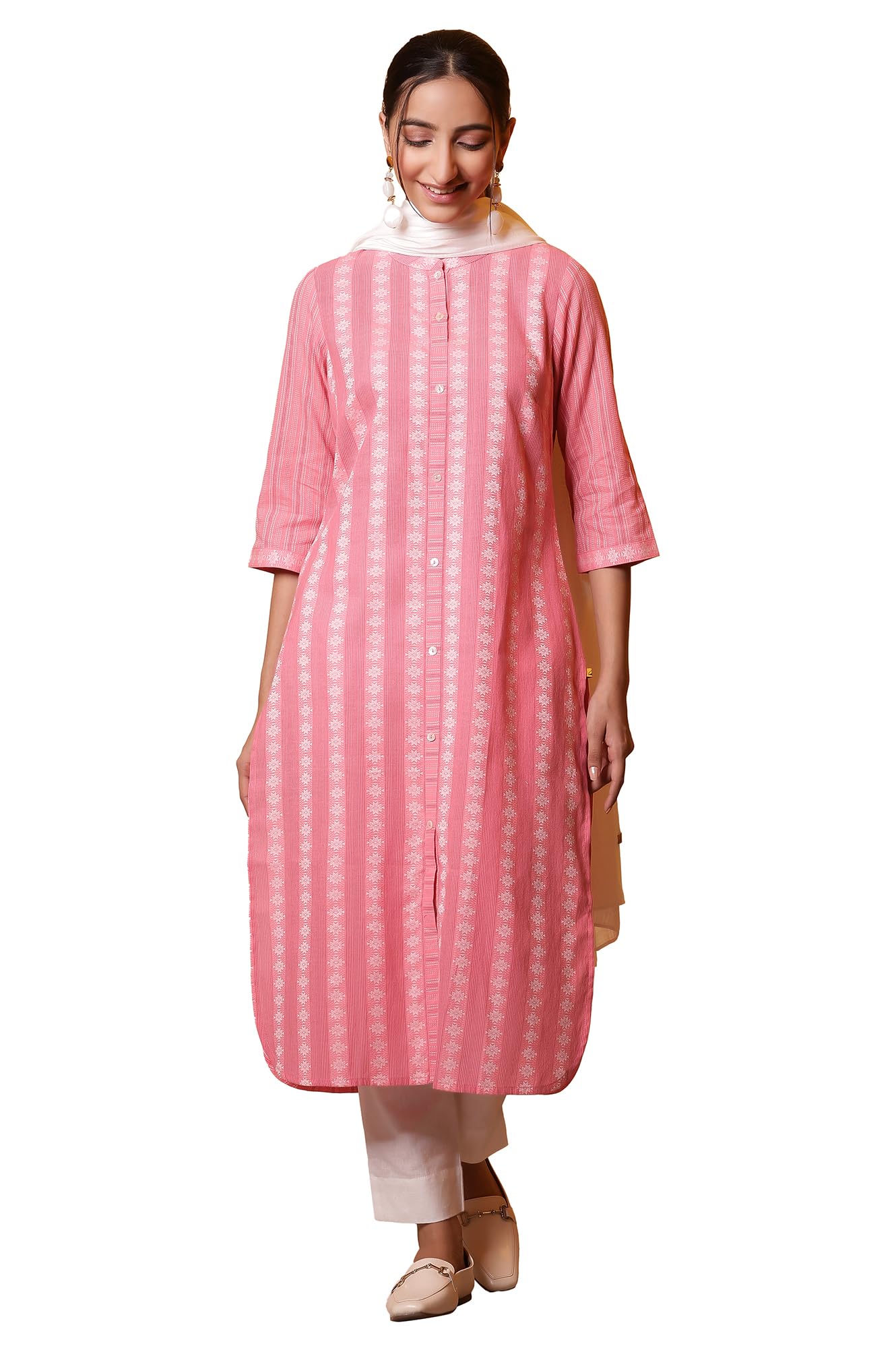 Aurelia Women'S Cotton Blend Striped Regular Kurta (24Fea14845_Pink