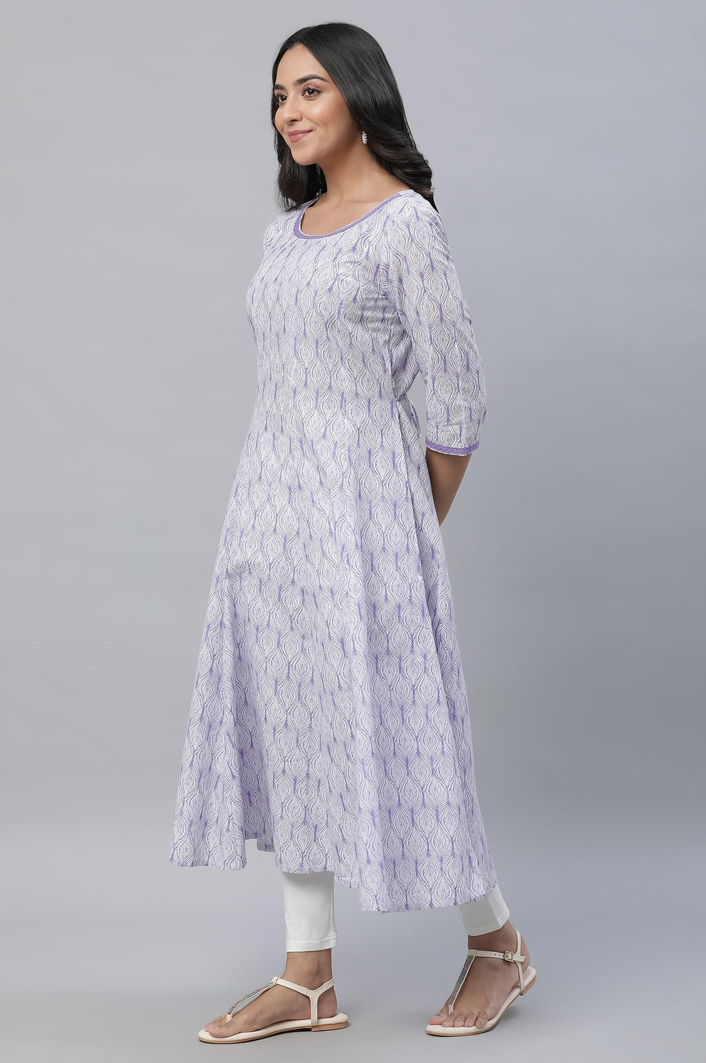 Aurelia Purple Leaf Print Cotton Anarkali Kurta For Women