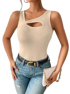 Sugathari Womens Skin Cut Out Asymmetrical Neck Rib Knit Jeans Korean Trendy Tank Western Tops for Women Stylish (T-Shirt 182 S
