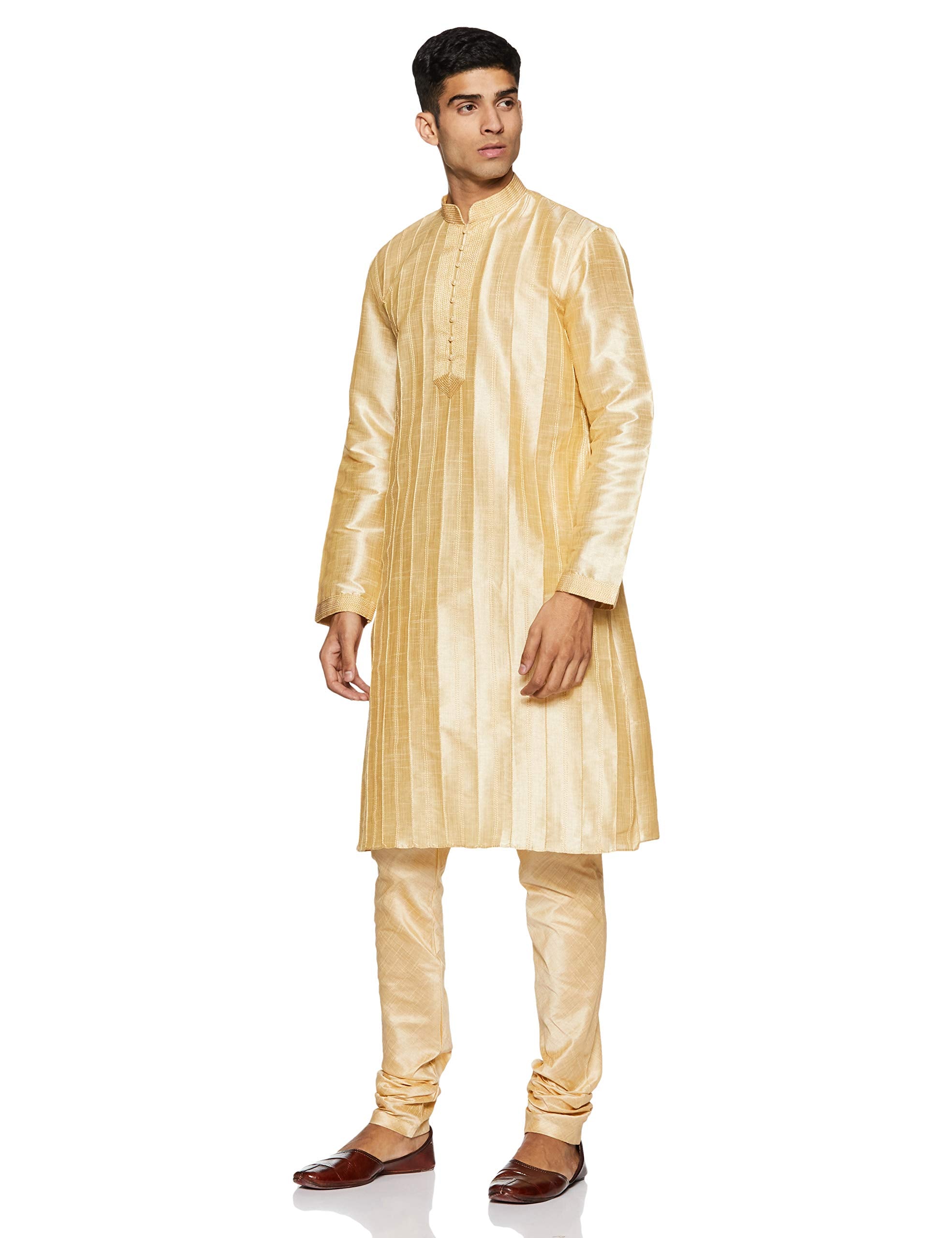 Manyavar MenS Full Sleeve Blended Kurta & Churidar Set, Fawn - Small (S952156-304)