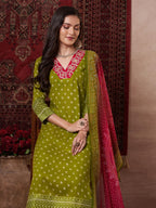 ANNI DESIGNER Women s Rayon Viscose Print Straight Kurta with Pants & Dupatta, Mehandi, 44