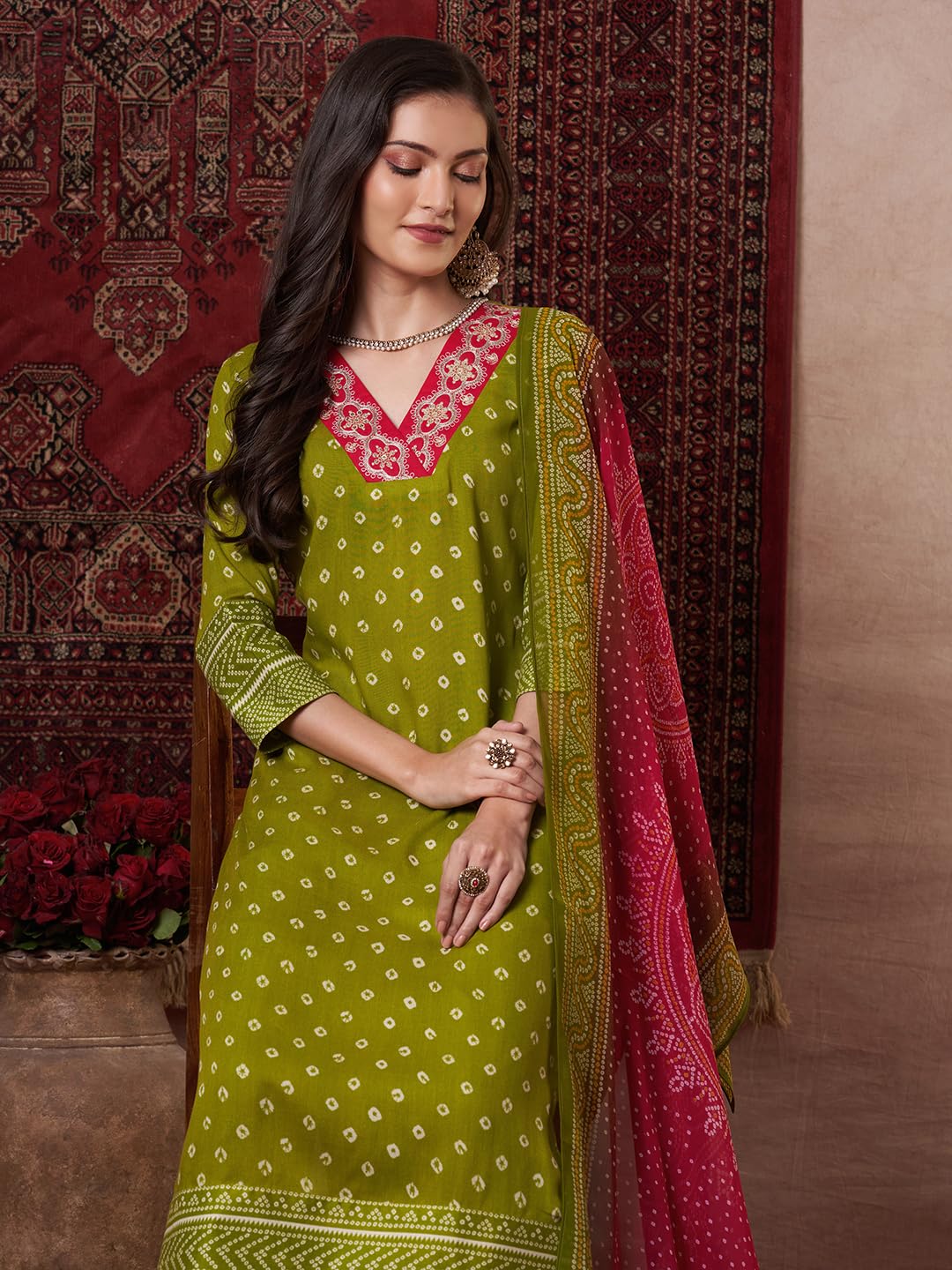 ANNI DESIGNER Women s Rayon Viscose Print Straight Kurta with Pants & Dupatta, Mehandi, 44