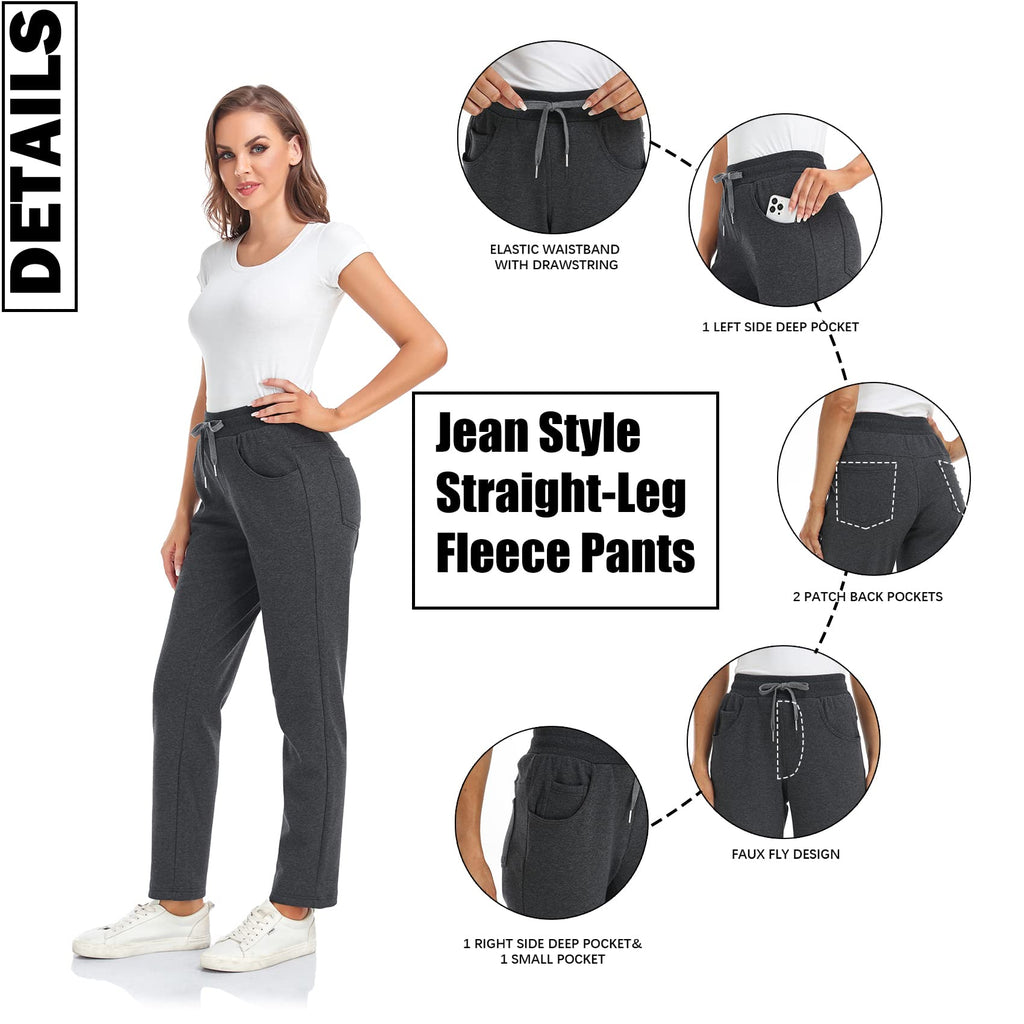 Inno Women's Buttery Soft Fleece Lined Straight Pants Warm Sweatpants Thermal Athletic Lounge, Dark Grey, L, Regular-31 Inseam
