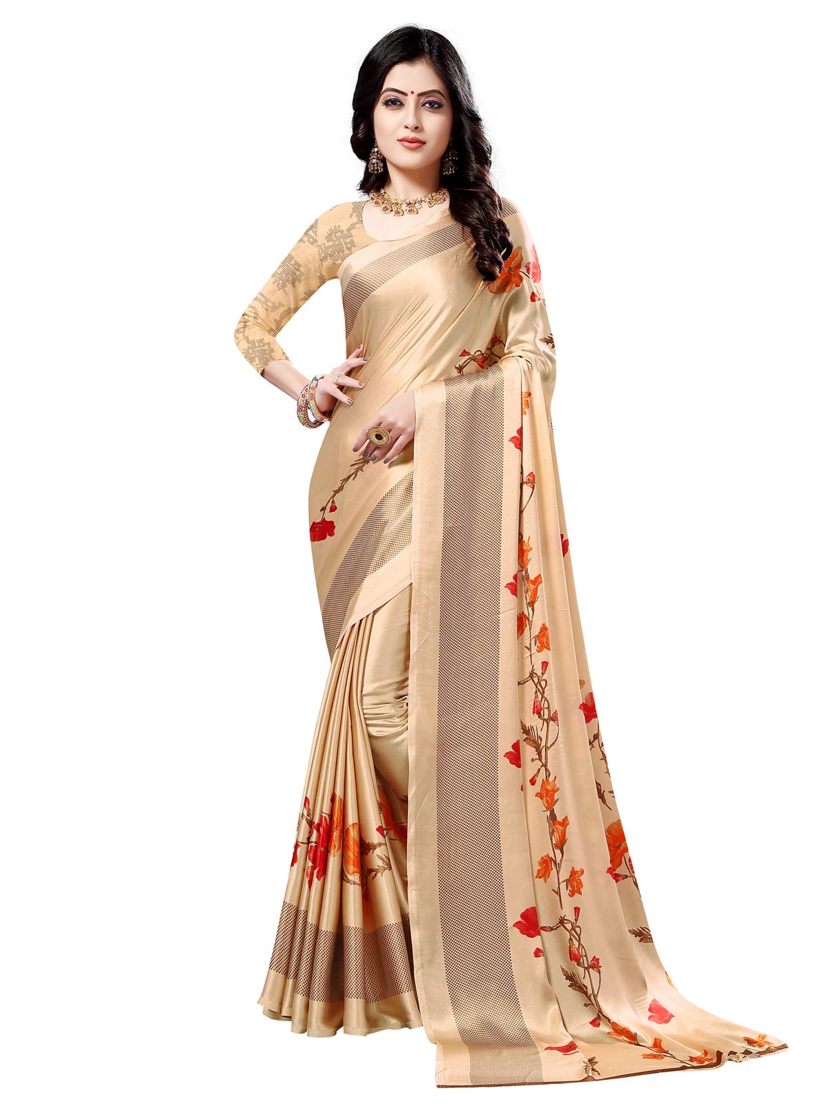 Satrani Womens Crepe Saree With Blouse Piece (1538ST124_Cream_One Size_Cream)