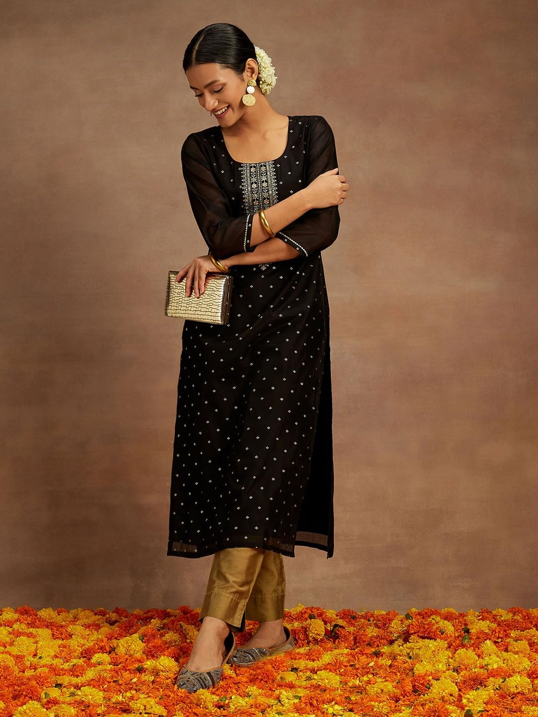 Libas WomenS Chanderi Silk Yoke Design Straight Kurta (58046_Black