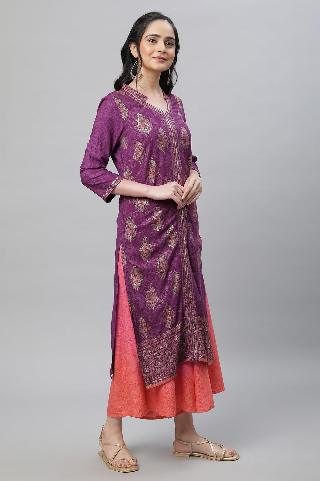 Aurelia Purple Festive Printed Kurta, Culottes & Dupatta Set
