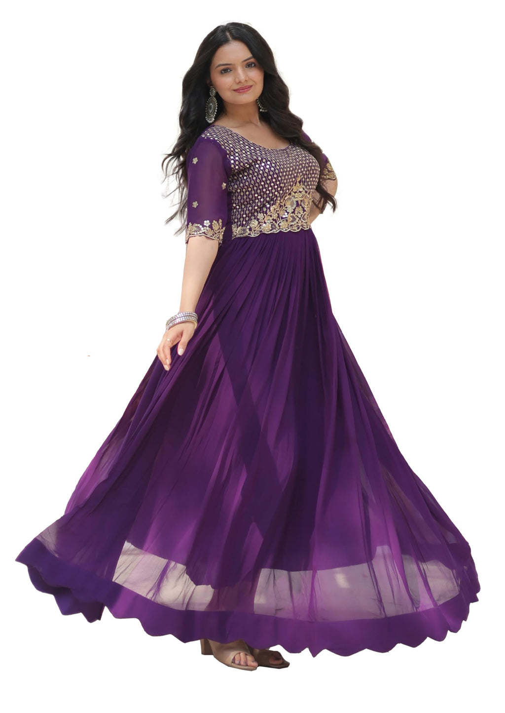 Fashion Basket Purple Georgette Anarkali Dress with Embroidery Work for Women (in, Alpha, 2XL, Regular, Purple)