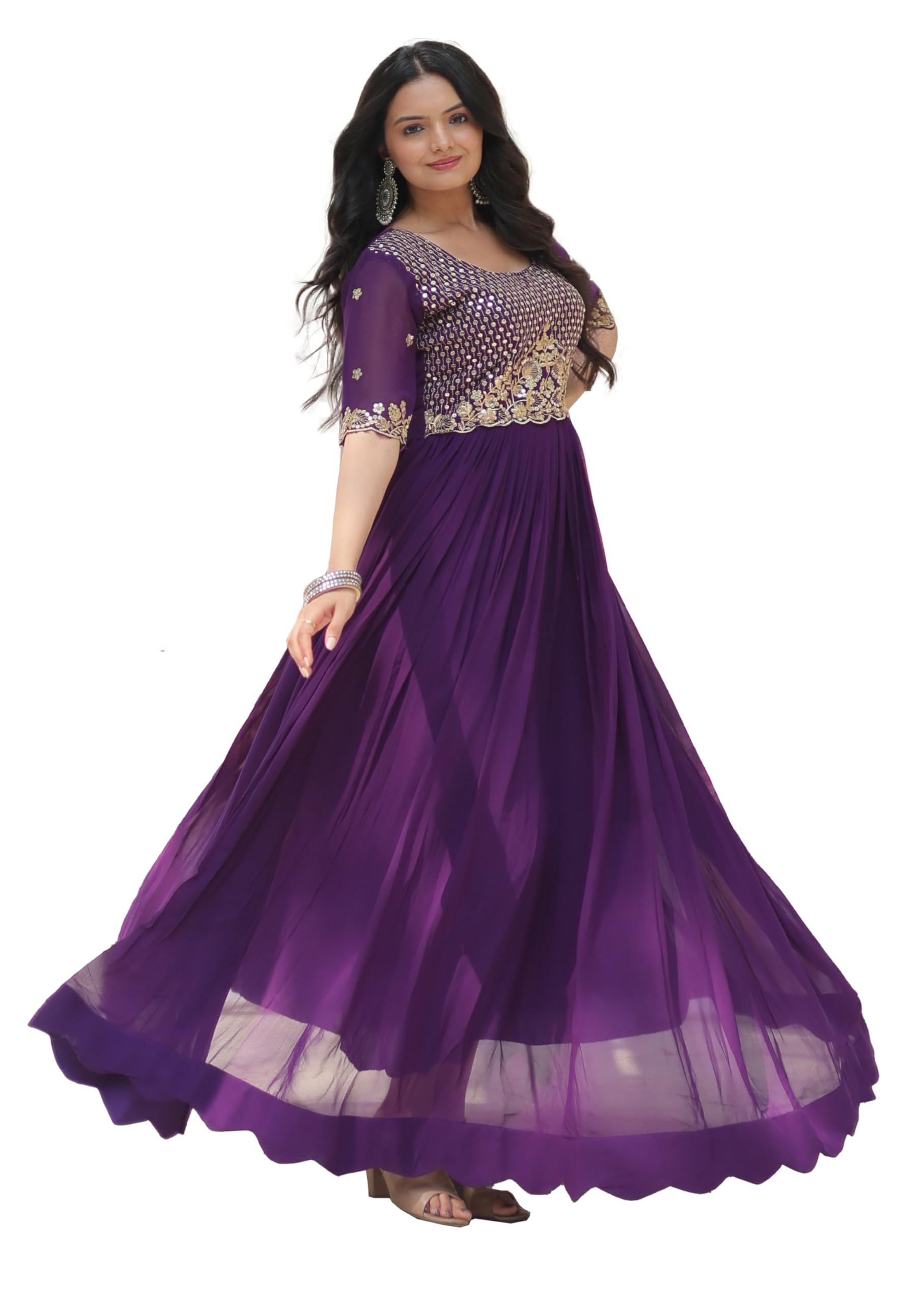 Fashion Basket Purple Georgette Anarkali Dress with Embroidery Work for Women (in, Alpha, 2XL, Regular, Purple)