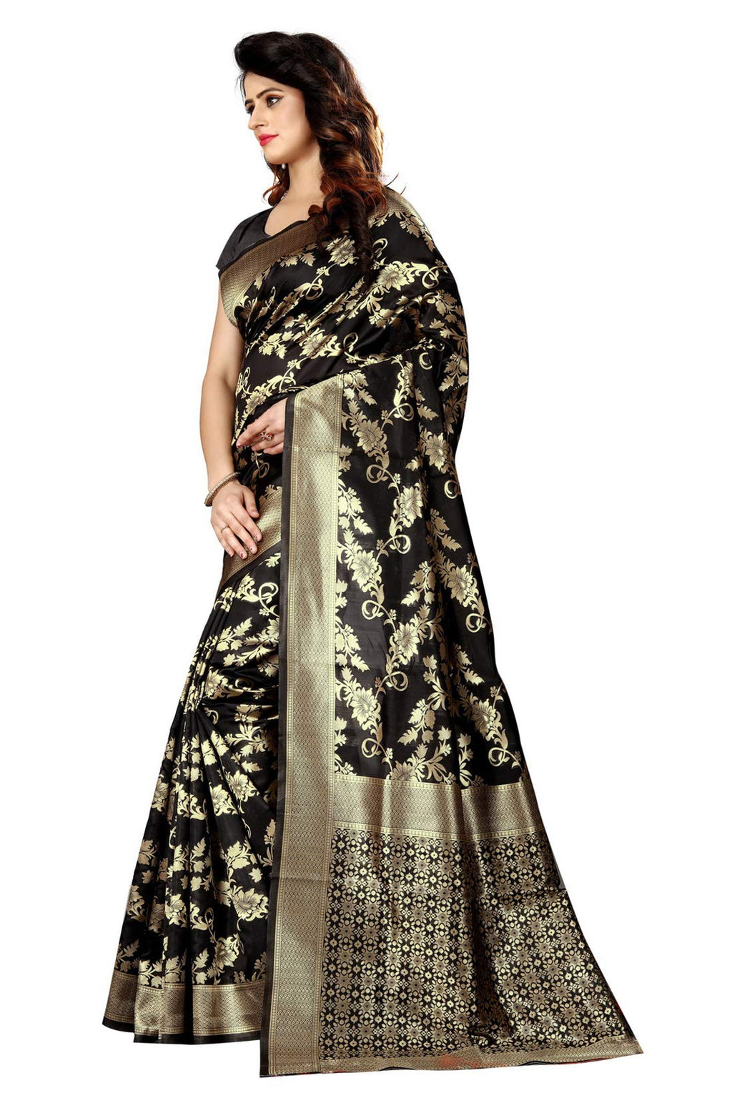 Shasmi Black and Golden Silk Blend Kanchipuram Jacquard Woven Designing Saree for Women