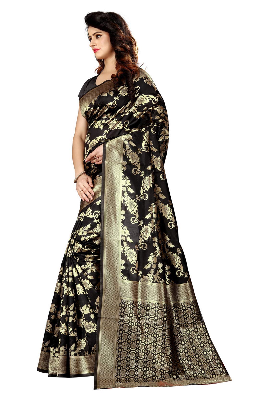 Shasmi Black and Golden Silk Blend Kanchipuram Jacquard Woven Designing Saree for Women