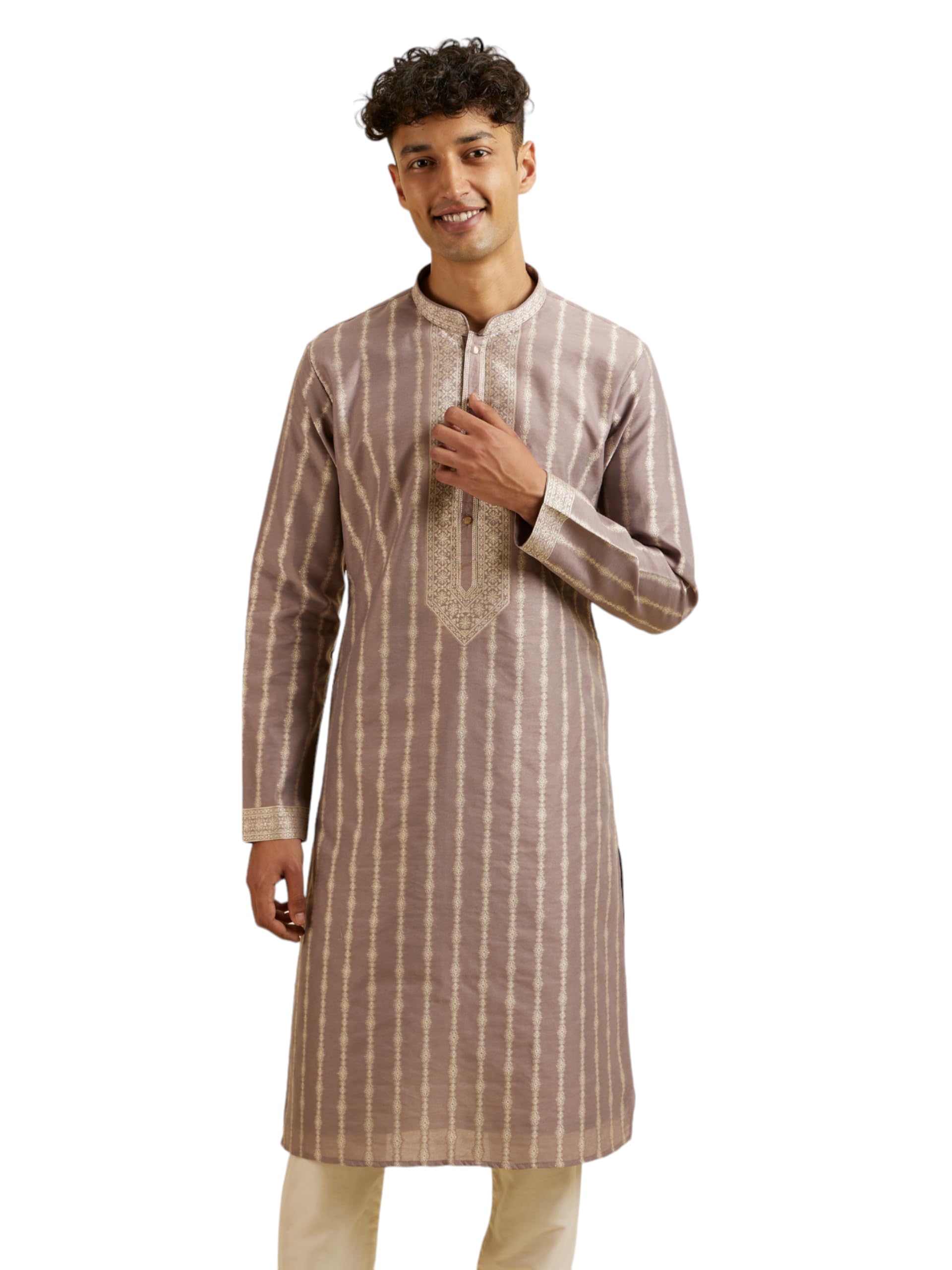 Manyavar Mens Art Silk Jacquard Embroidered Kurta Churidar Set (Purple,XXL)