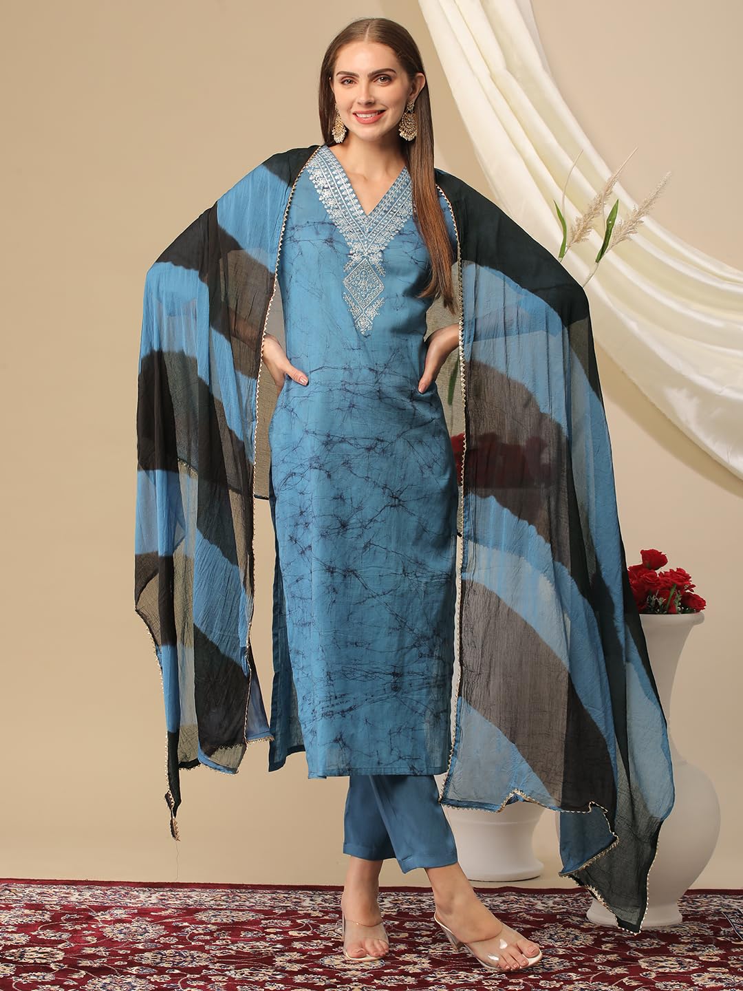 ANNI DESIGNER Ladies Cotton Blend Kurta Trousers with Dupatta Set, Light Brown::Blue, L