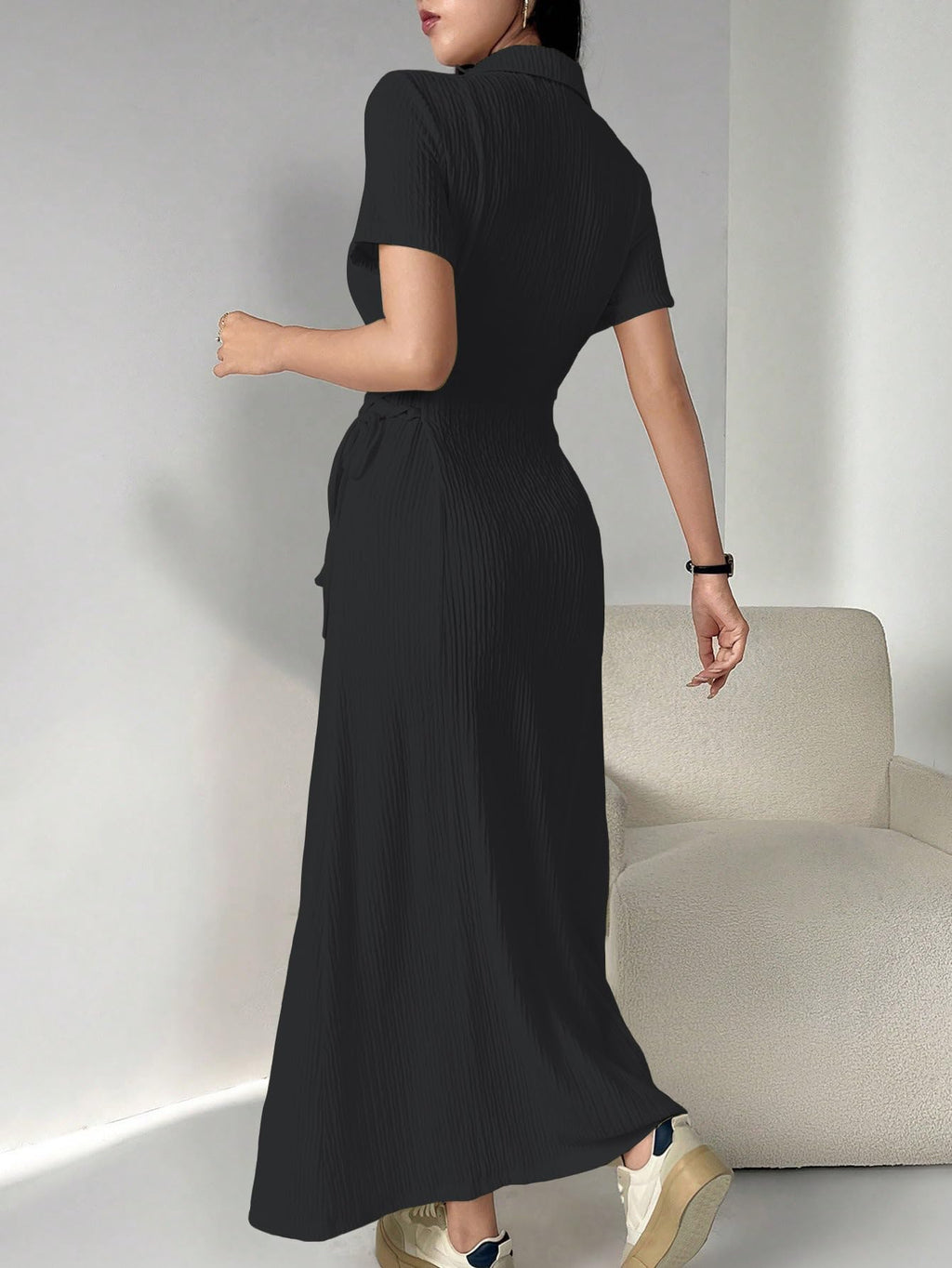 Shasmi Womens Black Solid Color Applique Lace-Up Collared Short Sleeve, Side-Tie Waist Long Casual Maxi Women Dress Outfit Long