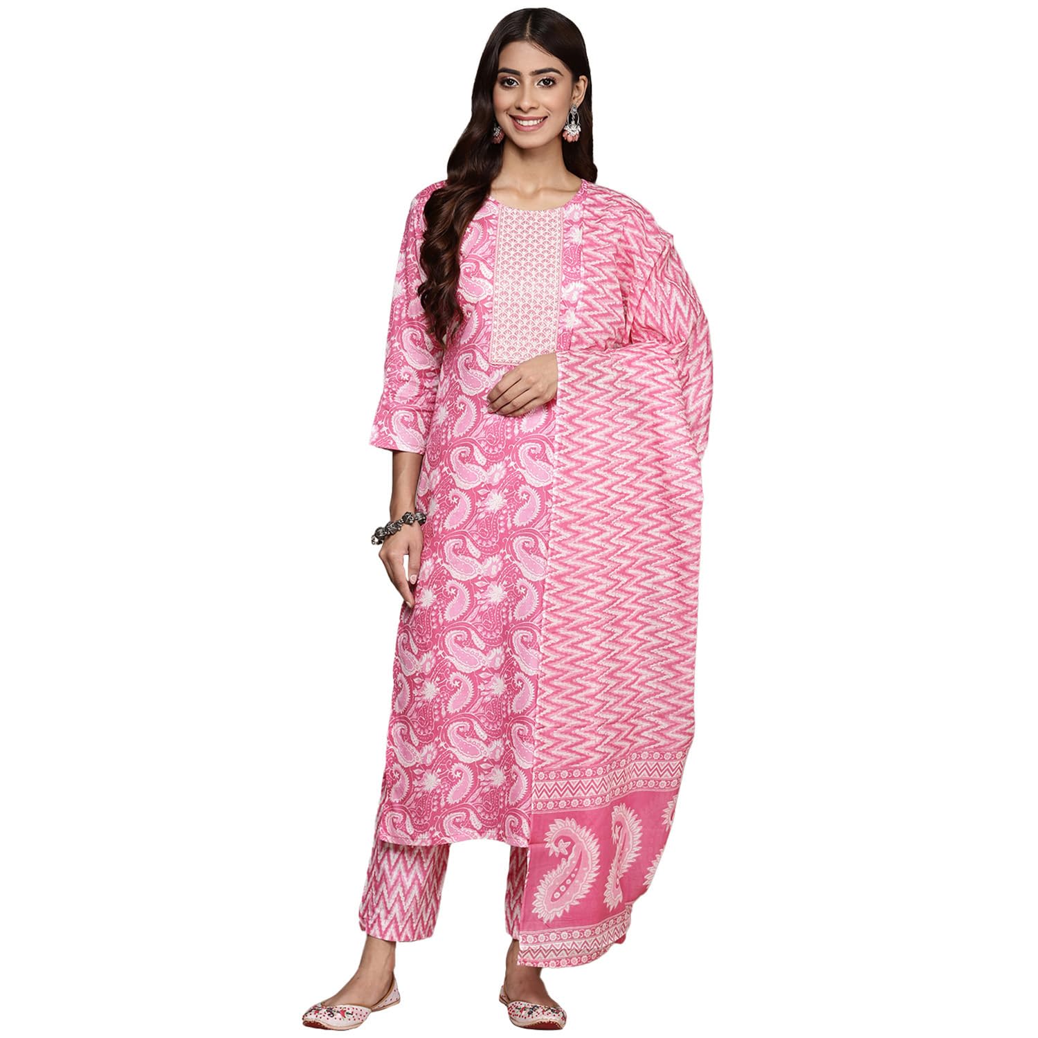 Anubhutee Women'S Pure Cotton Ethnic Motifs Printed Pink Kurta Suit Set With Trousers & Dupatta