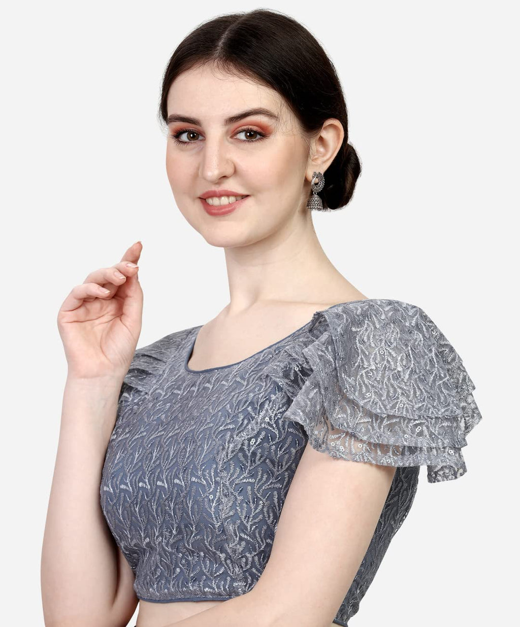 Pujia Mills Womens Shipali Net Work Ruffle Sleeves Readymade Saree Blouse