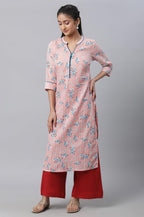 Aurelia Peach Floral Printed Printed Cotton Straight Long Kurta