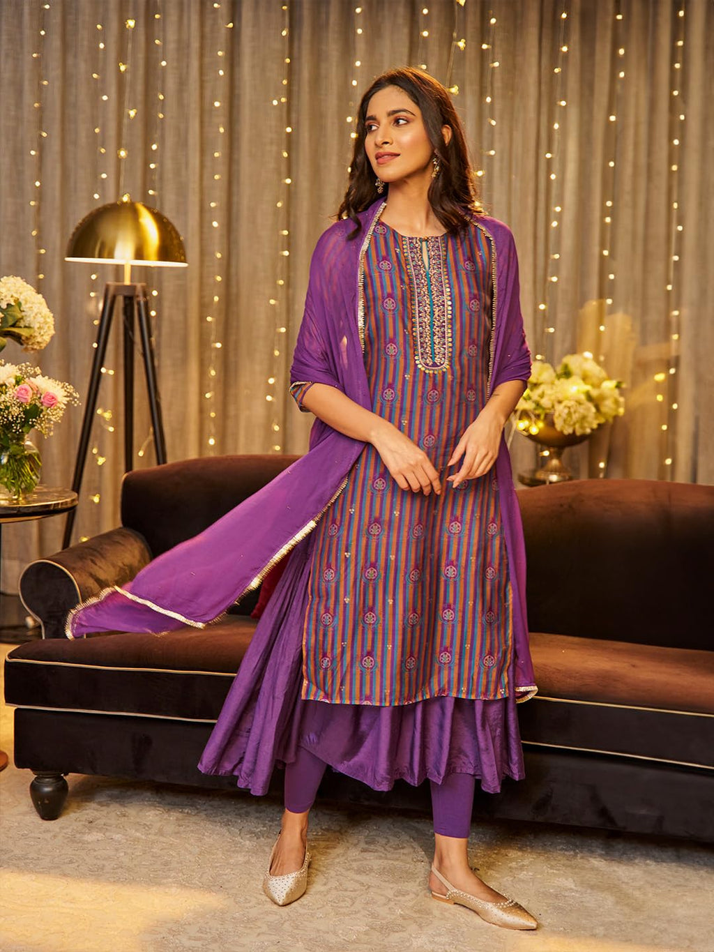 W For Woman Purple Striped Synthetic Zari Digital Kurta Dupatta Bottomwear