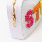 Fablinks Preppy Makeup Pouch, Chenille Varsity Letter Stuff Bag for Women, White Nylon Skin Care Patch Bags Organizer, Travel Ma