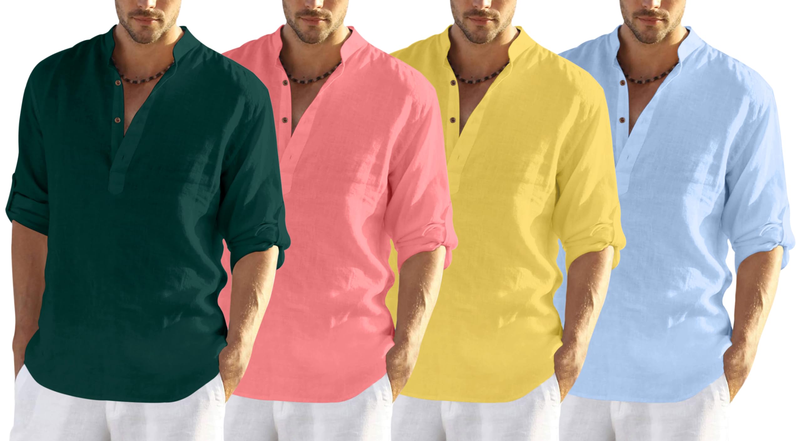 Zombom MenS Cotton Blend Solid Full Sleeve Regular Fit Kurta Shirt, Multicolor, S, Combo Set Of 4
