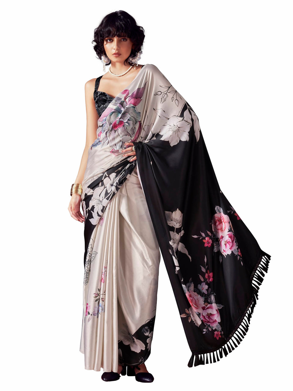Womanista Womens Satin Two Way Floral Black Saree With Un-stitched blouse