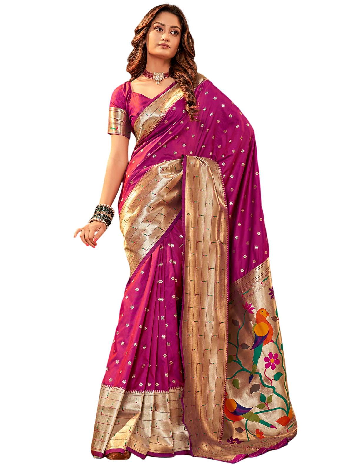 Satrani Womens Silk Dual Tone Paithani Jacquard Saree with Unstitched Blouse Piece (3522S1121N_Magenta)