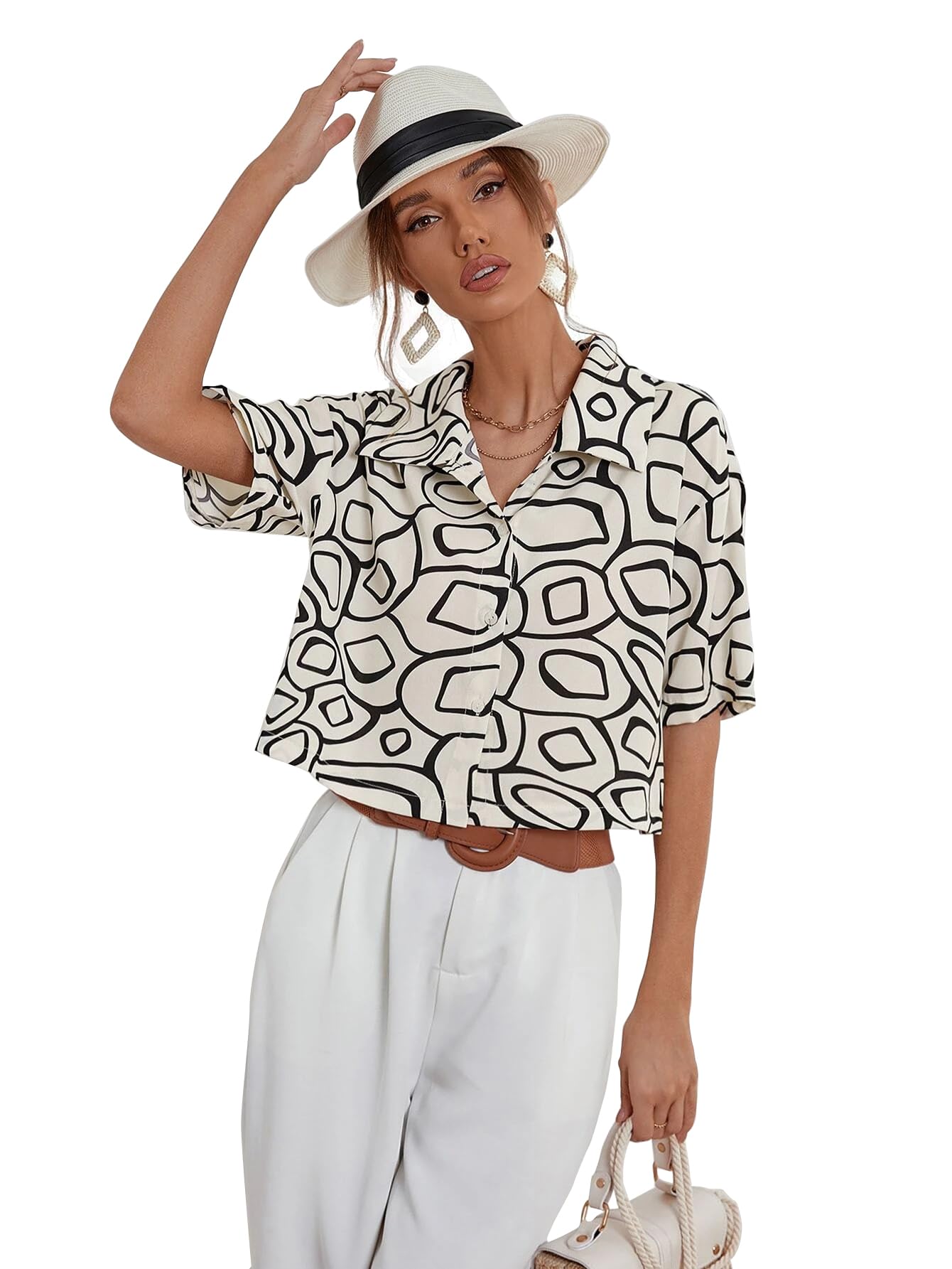 AVANOVA Womens & Girls Black White, Collared Neck, Half Sleeve Blouse ...