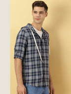 Thomas Scott Tartan Checked 100% Cotton Shirt Hoodie for Mens Indigo