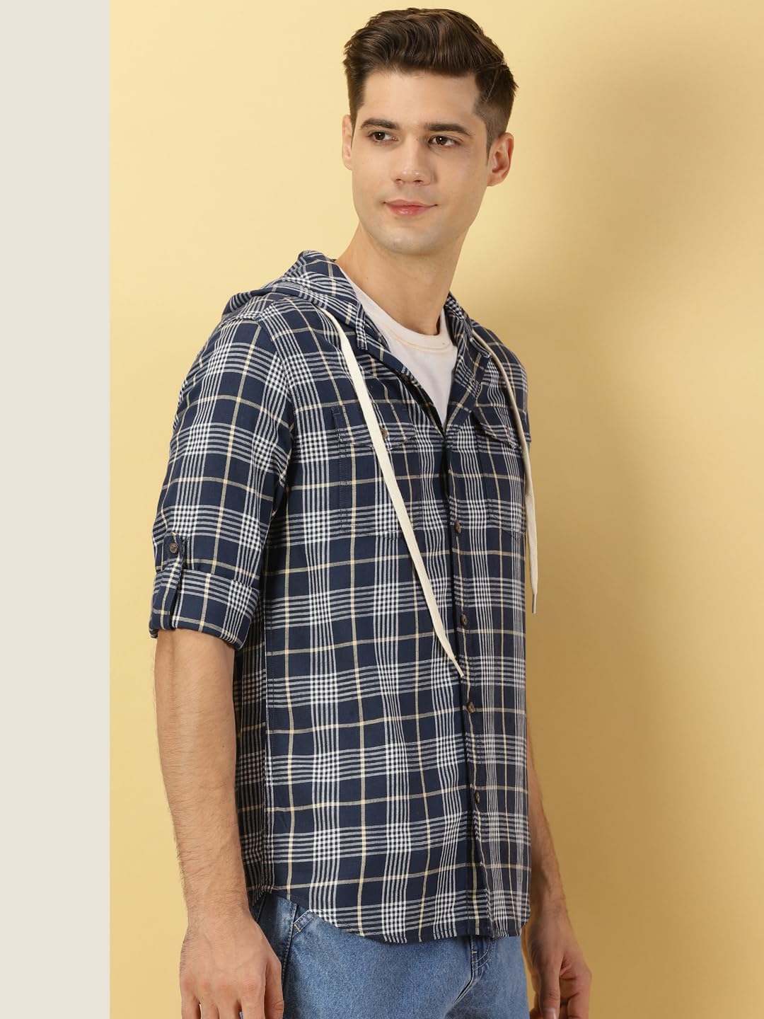 Thomas Scott Tartan Checked 100% Cotton Shirt Hoodie for Mens Indigo