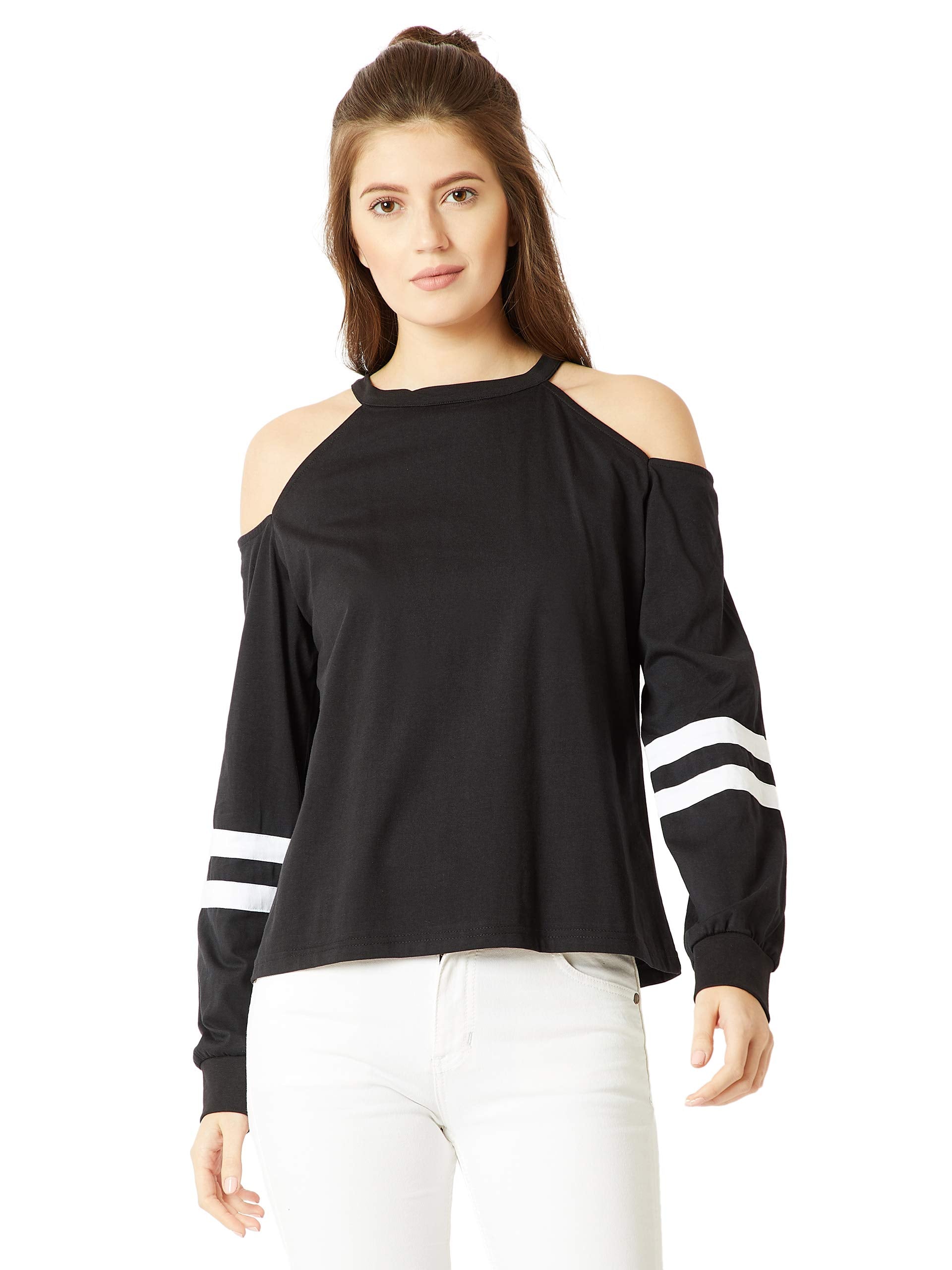 Miss Chase WomenS Black Cotton Cold Shoulder Sweatshirt (Mcaw18Swt01-43-62-05_Black_Large)