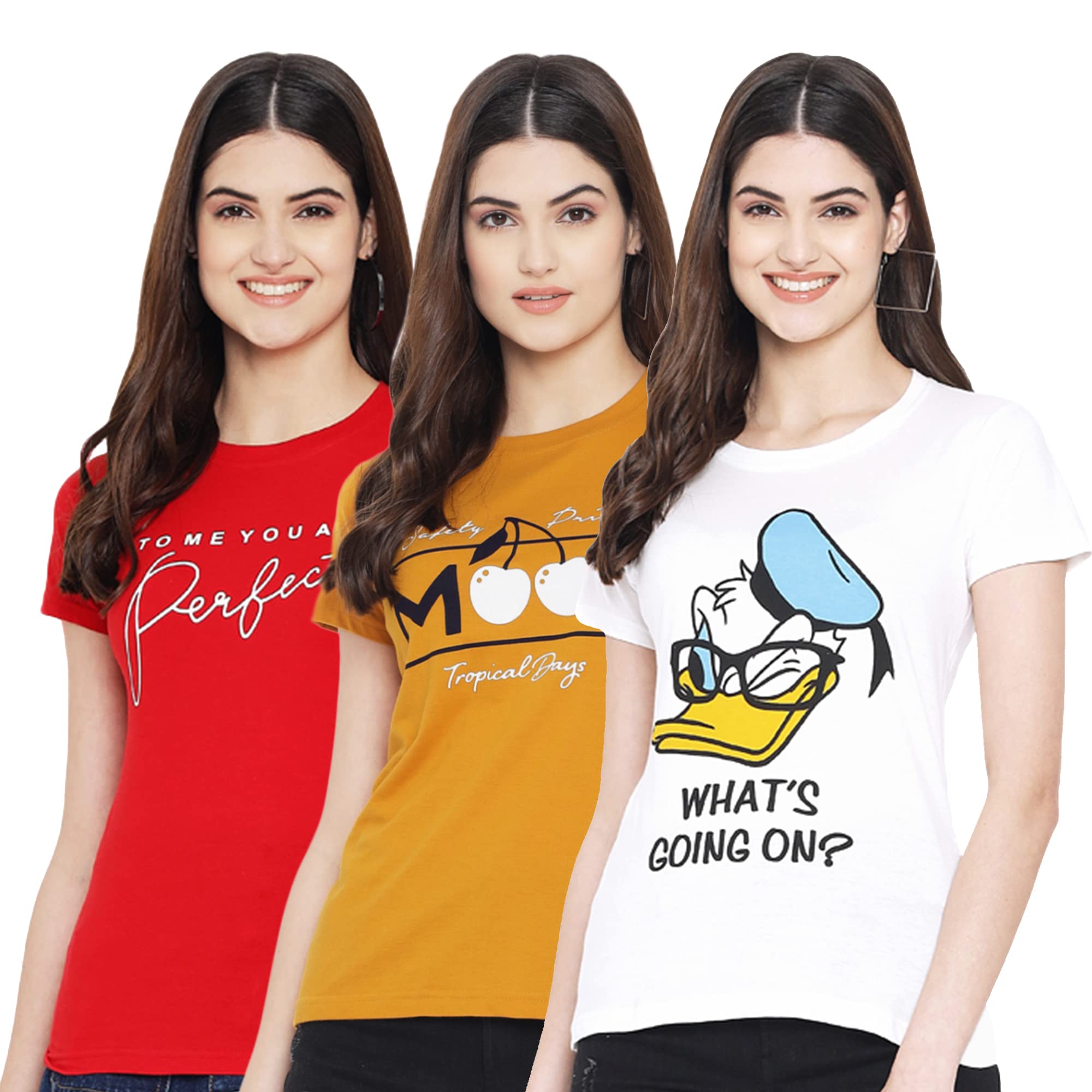 Preneum Womens Cotton Regular Fit Latest Graphic Stylish Printed Short Sleeves Casual T-Shirt || Trends & Stylish (Pack 3), Yel