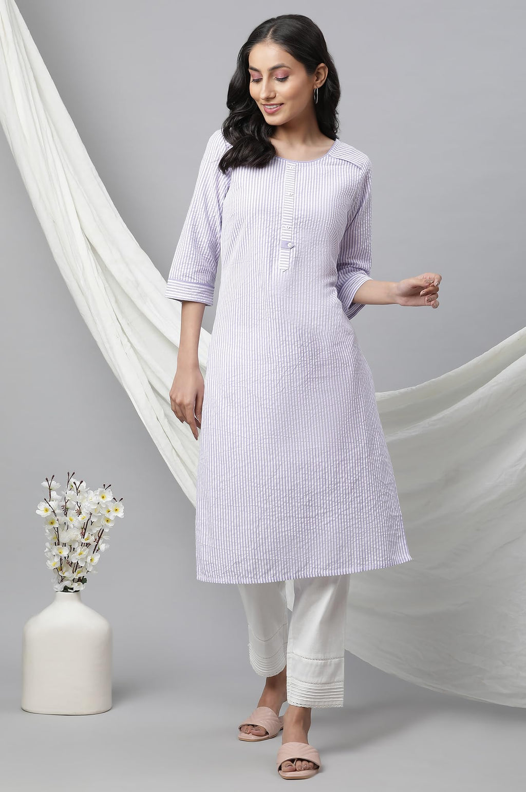Aurelia Purple Striped Cotton Regular Kurta For Women